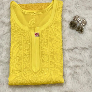 SWATI Yellow Pure Viscose Chikankari Resham Omray Kurti