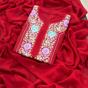 VANMALA Red Pure Viscose Chikankari Kurta Dupatta Set
