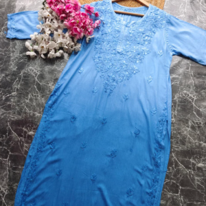 VIDHISHA Blue Rayon Chikankari Kurti - Best Lucknowi Chikankari for Women
