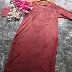 VIDHISHA Brown Rayon Chikankari Kurti - Lucknowi Chikankari for Women