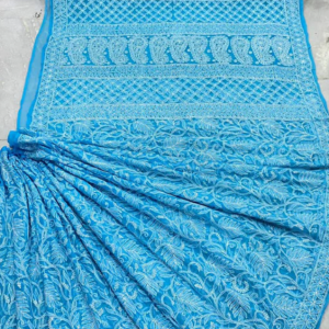 ZIA Blue Georgette Chikankari Saree With Blouse
