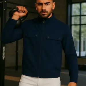 Navy Blue Lycra Blend Polyester Fleece Zipper Solid Full Sleeve Quilted Jacket For Men