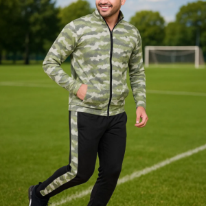 Green Polyester Blend Zip Printed Track Suit for Men