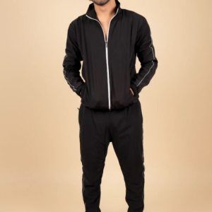 Black Polyester Blend Regular Track Suit For Men