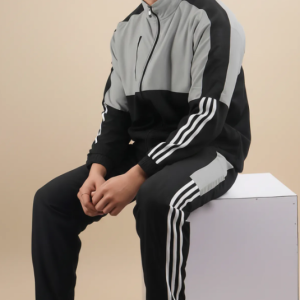 Silver Polyester Lycra Blend Zip Solid Track Suit For Men
