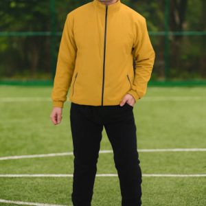 Yellow Polyester Lycra Blend Fleece Zip Solid Tracksuit for Men