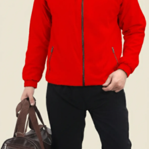 Red Lycra Blend Polyester Zip Solid Track Suit For Men