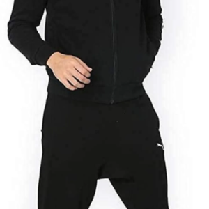 Black Polyester Blend Full Zip Solid Track Suit For Men