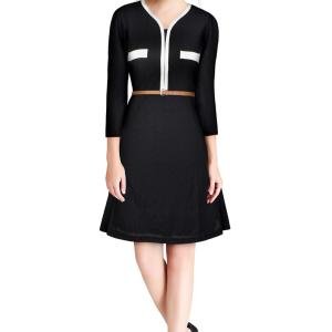 Elegant Contrast Trim 3/4 Sleeve A-Line Dress with Belt – Black