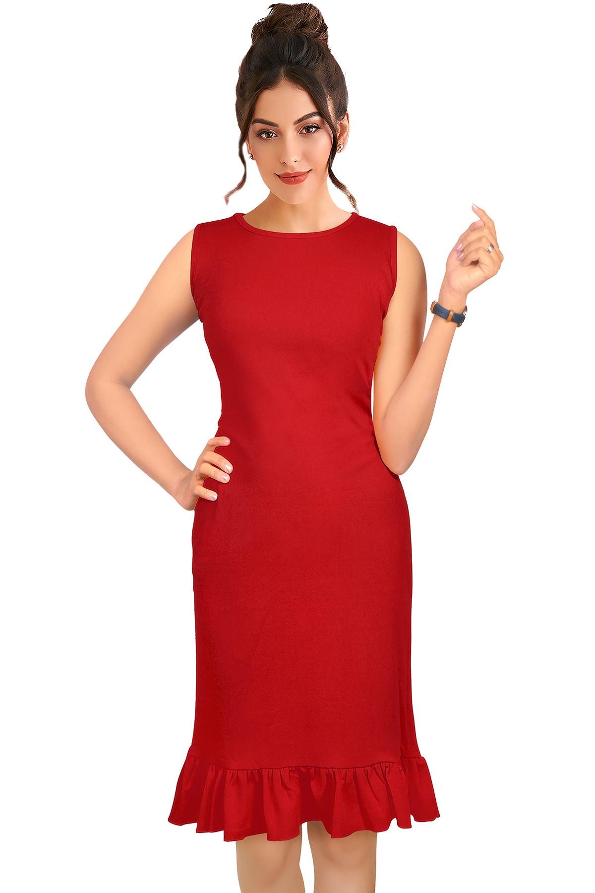 Red solid fit & flare dress Round neck Sleeveless, no sleeves Mini length  in curved hem