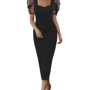 Women's Midi Length Sheer Polka Dot Puff Sleeves Square Neck Slim Fit Black