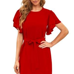 Women’s Elegant Red Flutter Sleeve Belted Dress