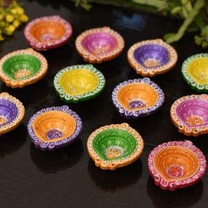 Colorful Handpainted Earthen Diyas for Festive Decoration