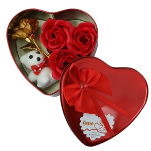 Heart-Shaped Gift Box with Red Roses, Plush Teddy Bear, Gold-Tone Flower, Valentine's Day Gift Set