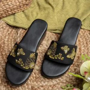 Golden Whisper Embroidered Slide Sandals