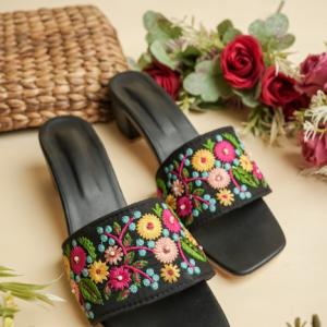 Garden Noir Embroidered Block Heel Slides