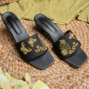 Garden Noir Embroidered Block Heel Slides