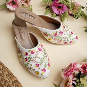 Midnight Bloom Embroidered Mule Heels