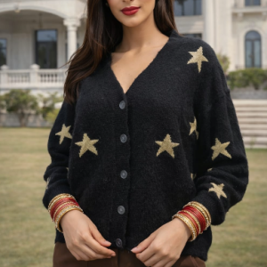 Black Cardigan With A Gold Star Pattern