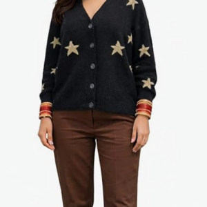 Women's Black Cardigan with Gold Star Pattern, Button Front, V-Neck, Long Sleeve Knit Sweater only m Size