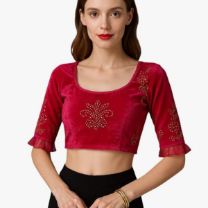 Velvet Crop Top Blouse – Gold Studded Design with Ruffle Sleeves | Readymade Ethnic Blouse for Saree, Lehenga & Festive Occasions
