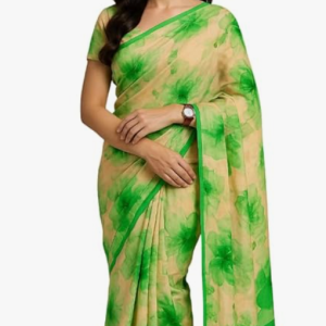 Elegant Floral Print Organza Saree, Green and Beige, Traditional Indian Wear, Casual Party Style silk saree