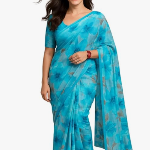 Elegant Floral Print Silk Saree, Turquoise Blue, Traditional Indian Wear, Casual Style