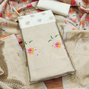 White Floral Designer Silk Suit Set with Zari Border