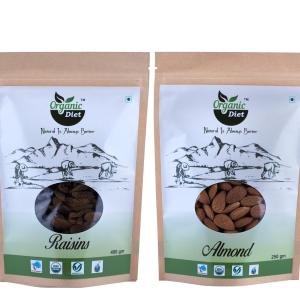 Organic Diet Almonds & Raisins Combo – 650g | Premium Badam & Kishmish | Natural Whole Dry Fruits | No Preservatives | Resealable Pack