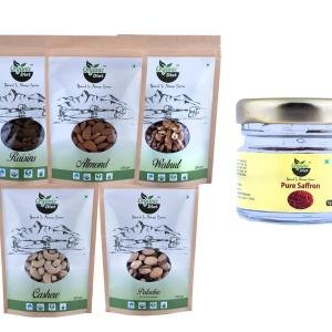 Organic Dry Fruits Combo Pack with Pure Saffron 1g – Almonds, Cashews, Pistachio & Raisins (250g) + Walnuts (200g) | Premium Handpicked Natural Dry Fruits |