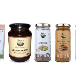 Organic Diet Strong Immunity Pack – 5-in-1 Combo | Jaggery-Based Chyawanprash 500g + Lakadong Turmeric & Amla Powder 100g + Natural Jaggery 400g
