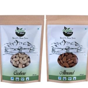 Organic Diet Almonds & Cashews Combo 500g (250g Each) | Premium Badam & Kaju | Whole Natural Dry Fruits | No Preservatives | Resealable Pouch