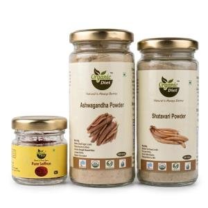 Organic Diet Kesar Milk Booster Combo – Premium Kashmir Saffron (1g) + Ashwagandha Powder (100g) with FREE Shatavari Powder (100g) | Herbal Nutrition Blend