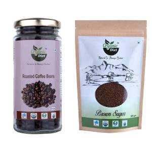 Organic Diet Roasted Coffee Beans 100g + Brown Sugar 500g | Natural Coffee & Sweetener Combo | Slow Roasted Beans | Unrefined Brown Sugar | FSSAI Licensed
