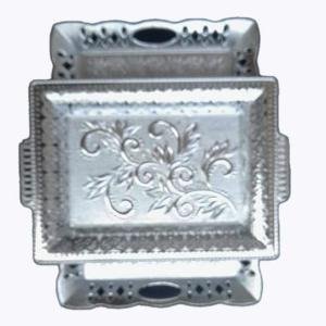 German Silver Coated Rectangle Serving Tray Set, Designer Fancy Tray with Floral Design, Pack of 2 (Big and Medium)