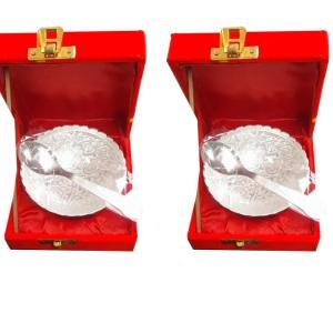 Wedding Return Gift Silver Plated Bowl with Spoon Set in Velvet Box, Pack of 2