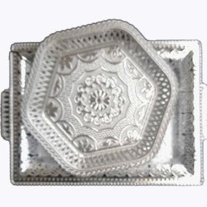 German Silver Coated Decorative Serving Tray, Silver, Traditional Floral and Geometric Pattern, Oval Shape, Pack of 2