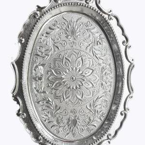 Design Decor Gallery Oval German Silver Plated Decorative Serving Tray Set, 14 Inch, 10 Inch, Floral Engraved Design, Gift for Diwali, Anniversary, House Warming, Birthday, Wedding