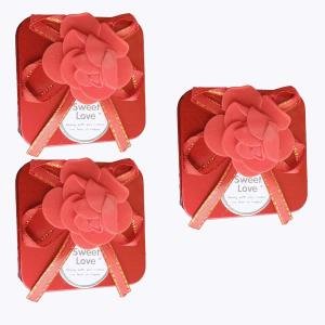 Square Shaped Decorative Metal Gift Box with Flower, Red, Jewellery Storage for Birthday Wedding Anniversary Return Gifts, Pack of 3