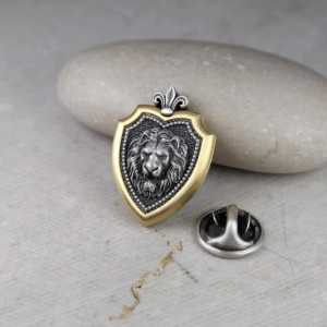 Leo Zodiac Lion Shield Brooch Pin – Fleur-de-Lis Gold Plated Sterling Silver Lapel Badge