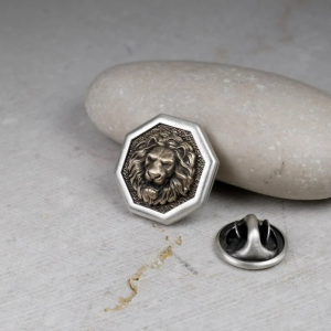 Octagon Pin Lion, Sterling Silver , Men's Brooch Pin, Lion Head, Medieval Pin, Jewelry Accessories, Lapel Badge, Wedding Men Gifts