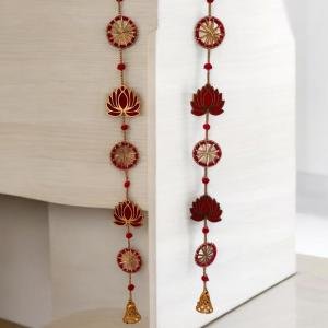 VIBHSA Wood Lotus Style Handmade Home Decor Wall Hanging Toran for Mandir Diwali Decoration,36 Inches, Multicolour, Set of 2