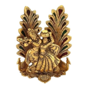 VIBHSA Radha Krishna Statue Showpiece with Diya, 8x6 Inches, Metal, Gold, 1 Piece