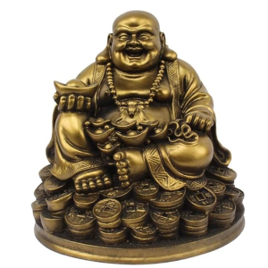 VIBHSA Resin Fengshui Figurine Laughing Buddha Sitting on Luck Money Coins Carrying Golden Ingot for Good Luck & Happiness