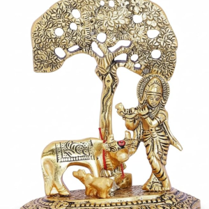 VIBHSA Home Decor & Gifts Metal Krishna with Cow Standing Under Tree Plying Flute (Gold, 12.5X8X16Cm), 1 Piece