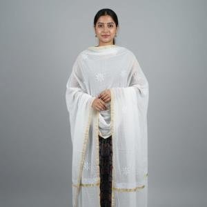 Pure Chanderi Chikan Dupatta ( Dyeable)