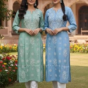 Pure Chanderi Chikankari Kurti With Mukesh Add-On