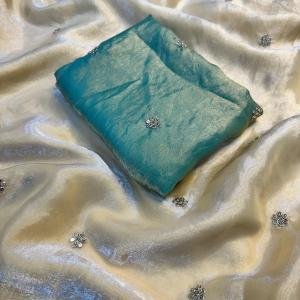 Fendy Sattin Dual Shaded With Beautiful Zari With Sequence Work Flower Butti All In Saree & Contrast Blouse Work