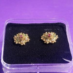 One Gram Gold Studs With White, Green And Pink Stones