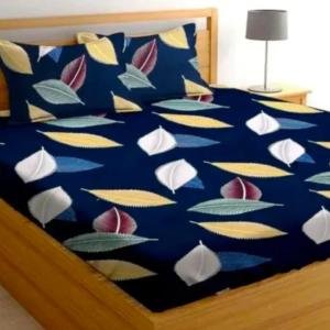Cotton Fitted Double Bedsheet Set, Navy Blue Leaf Print, 2 Pillow Covers